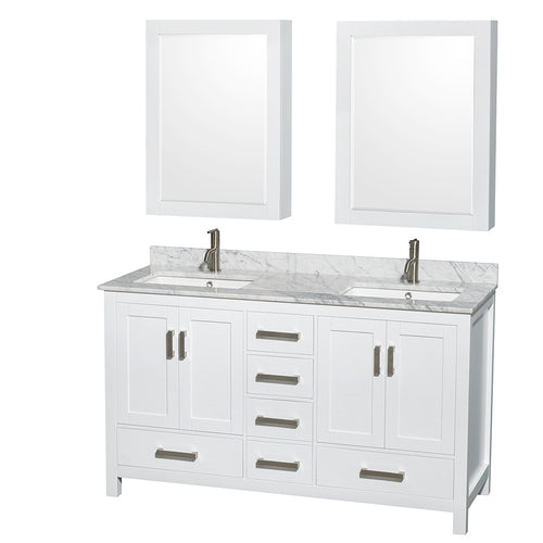 Wyndham Sheffield 60 Inch Double Bathroom Vanity in White, White Carrara Marble Countertop, Undermount Square Sinks, and Medicine Cabinets- Wyndham