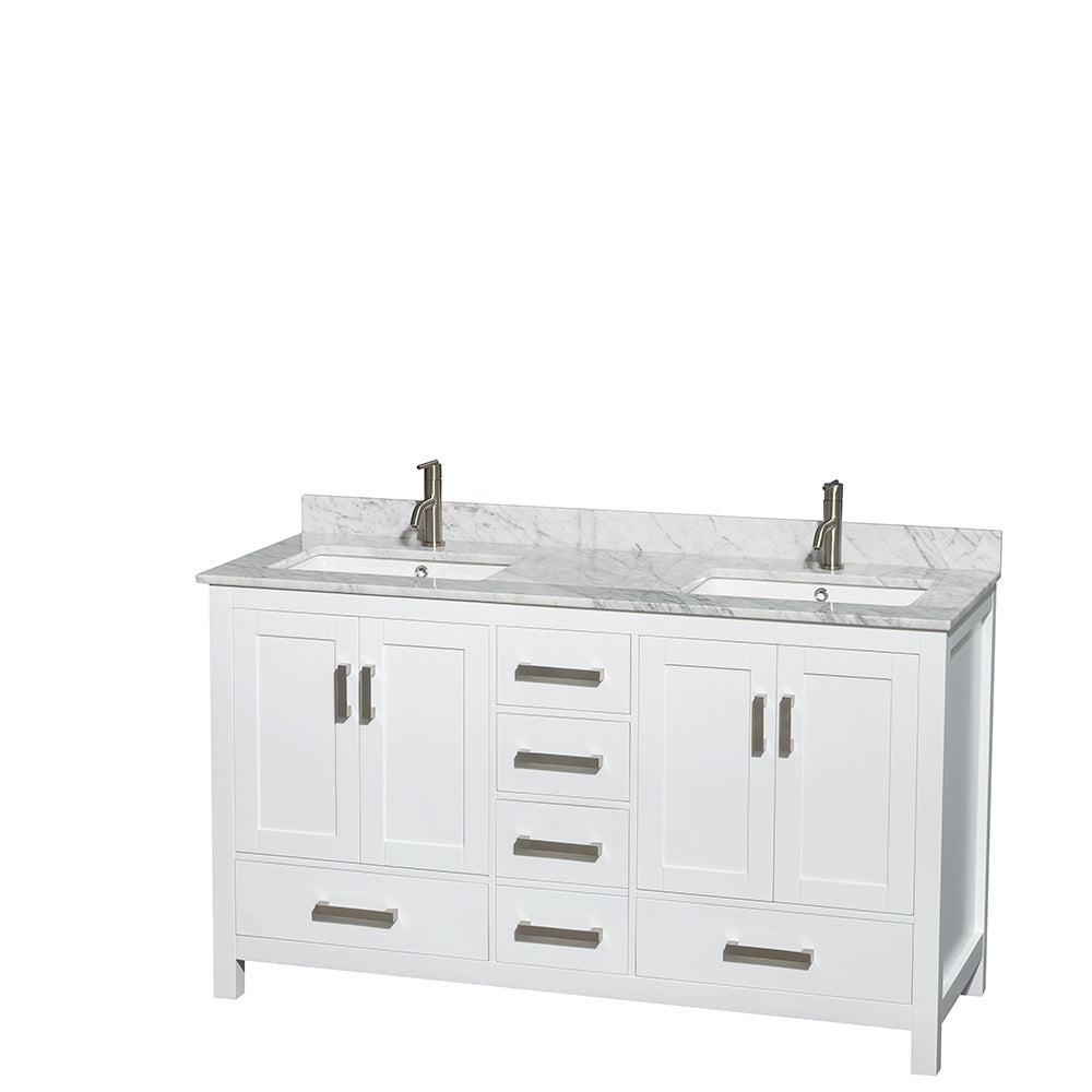 Wyndham Sheffield 60 Inch Double Bathroom Vanity in White, White Carrara Marble Countertop, Undermount Square Sinks, and No Mirror- Wyndham
