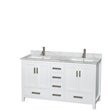 Load image into Gallery viewer, Wyndham Sheffield 60 Inch Double Bathroom Vanity in White, White Carrara Marble Countertop, Undermount Square Sinks, and Medicine Cabinets- Wyndham
