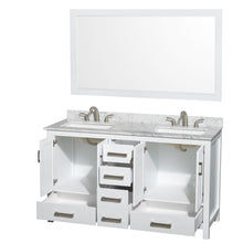 Load image into Gallery viewer, Wyndham Sheffield 60 Inch Double Bathroom Vanity in White, White Carrara Marble Countertop, Undermount 3-Hole Square Sinks, 58 Inch Mirror- Wyndham