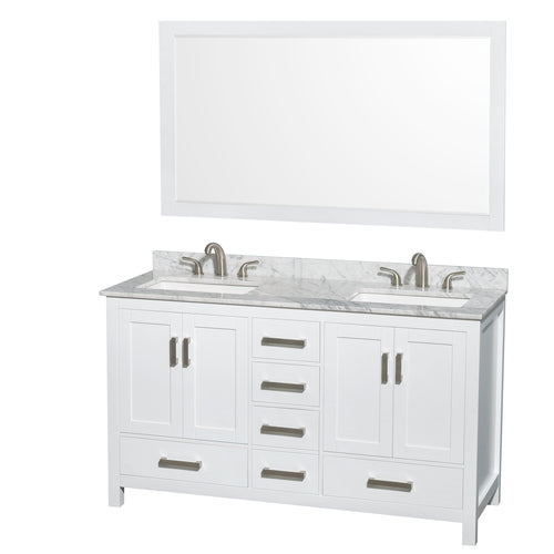 Wyndham Sheffield 60 Inch Double Bathroom Vanity in White, White Carrara Marble Countertop, Undermount 3-Hole Square Sinks, 58 Inch Mirror- Wyndham