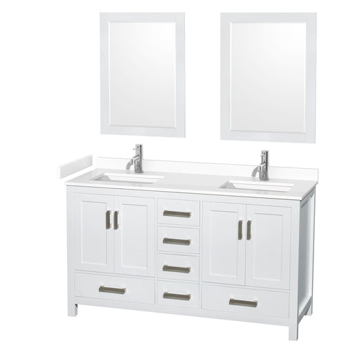 Wyndham Sheffield 60 Inch Double Bathroom Vanity in White, White Cultured Marble Countertop, Undermount Square Sinks, 24 Inch Mirrors- Wyndham