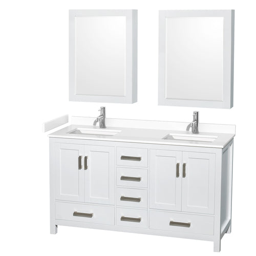 Wyndham Sheffield 60 Inch Double Bathroom Vanity in White, White Cultured Marble Countertop, Undermount Square Sinks, Medicine Cabinets- Wyndham
