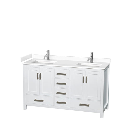 Wyndham Sheffield 60 Inch Double Bathroom Vanity in White, White Cultured Marble Countertop, Undermount Square Sinks, No Mirror- Wyndham
