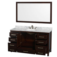 Load image into Gallery viewer, Wyndham Sheffield 60 Inch Single Bathroom Vanity in Espresso, White Carrara Marble Countertop, Undermount Oval Sink, and 58 Inch Mirror- Wyndham