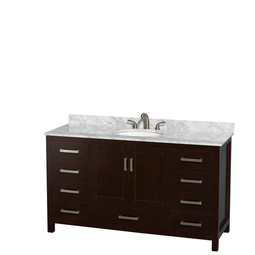 Wyndham Sheffield 60 Inch Single Bathroom Vanity in Espresso, White Carrara Marble Countertop, Undermount Oval Sink, and No Mirror- Wyndham