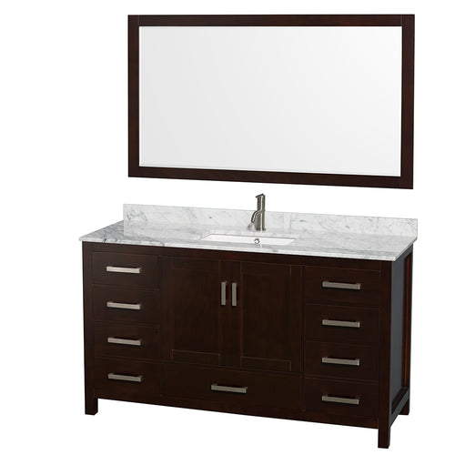 Wyndham Sheffield 60 Inch Single Bathroom Vanity in Espresso, White Carrara Marble Countertop, Undermount Square Sink, and 58 Inch Mirror- Wyndham