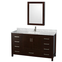 Load image into Gallery viewer, Wyndham Sheffield 60 Inch Single Bathroom Vanity in Espresso, White Carrara Marble Countertop, Undermount Square Sink, and Medicine Cabinet- Wyndham