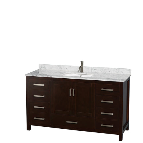 Wyndham Sheffield 60 Inch Single Bathroom Vanity in Espresso, White Carrara Marble Countertop, Undermount Square Sink, and No Mirror- Wyndham