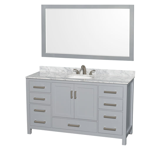 Wyndham Sheffield 60 Inch Single Bathroom Vanity in Gray, White Carrara Marble Countertop, Undermount Oval Sink, and 58 Inch Mirror- Wyndham