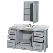 Load image into Gallery viewer, Wyndham Sheffield 60 Inch Single Bathroom Vanity in Gray, White Carrara Marble Countertop, Undermount Oval Sink, and Medicine Cabinet- Wyndham
