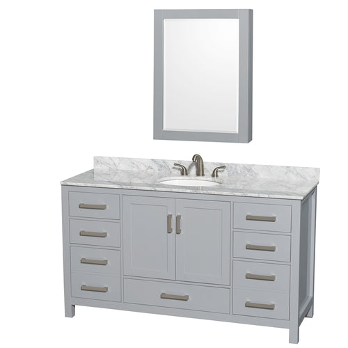 Wyndham Sheffield 60 Inch Single Bathroom Vanity in Gray, White Carrara Marble Countertop, Undermount Oval Sink, and Medicine Cabinet- Wyndham