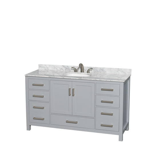 Wyndham Sheffield 60 Inch Single Bathroom Vanity in Gray, White Carrara Marble Countertop, Undermount Oval Sink, and No Mirror- Wyndham