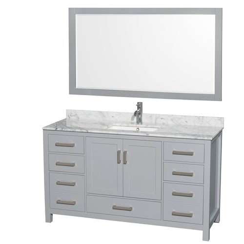 Wyndham Sheffield 60 Inch Single Bathroom Vanity in Gray, White Carrara Marble Countertop, Undermount Square Sink, and 58 Inch Mirror- Wyndham