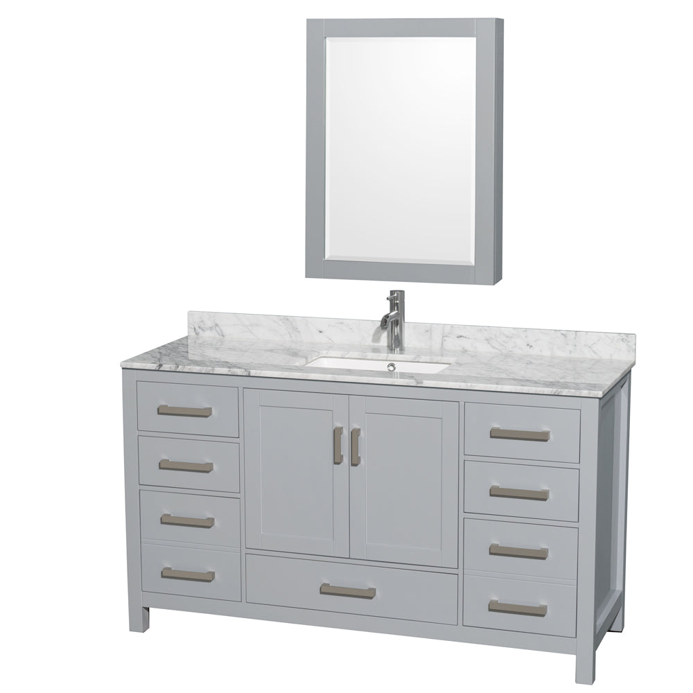 Wyndham Sheffield 60 Inch Single Bathroom Vanity in Gray, White Carrara Marble Countertop, Undermount Square Sink, and Medicine Cabinet- Wyndham