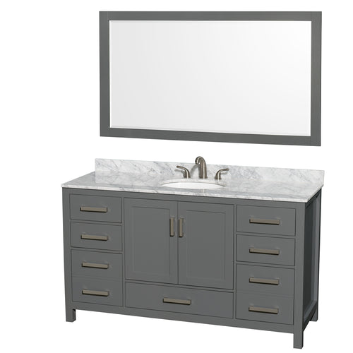 Wyndham Sheffield 60 Inch Single Bathroom Vanity in Dark Gray, White Carrara Marble Countertop, Undermount Oval Sink, and 58 Inch Mirror- Wyndham