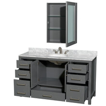 Load image into Gallery viewer, Wyndham Sheffield 60 Inch Single Bathroom Vanity in Dark Gray, White Carrara Marble Countertop, Undermount Oval Sink, and Medicine Cabinet- Wyndham