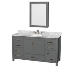 Load image into Gallery viewer, Wyndham Sheffield 60 Inch Single Bathroom Vanity in Dark Gray, White Carrara Marble Countertop, Undermount Oval Sink, and Medicine Cabinet- Wyndham