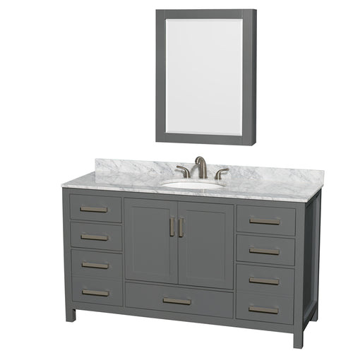 Wyndham Sheffield 60 Inch Single Bathroom Vanity in Dark Gray, White Carrara Marble Countertop, Undermount Oval Sink, and Medicine Cabinet- Wyndham