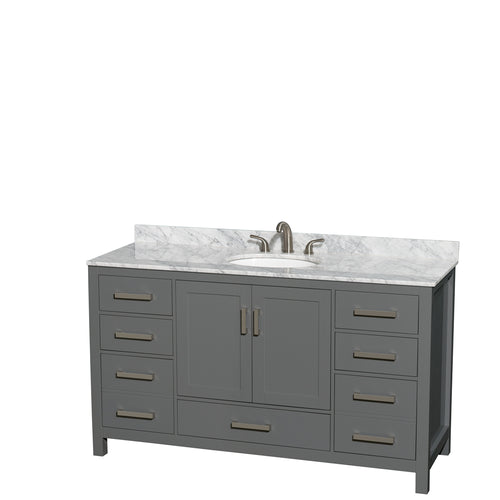 Wyndham Sheffield 60 Inch Single Bathroom Vanity in Dark Gray, White Carrara Marble Countertop, Undermount Oval Sink, and No Mirror- Wyndham
