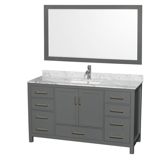 Wyndham Sheffield 60 Inch Single Bathroom Vanity in Dark Gray, White Carrara Marble Countertop, Undermount Square Sink, and 58 Inch Mirror- Wyndham