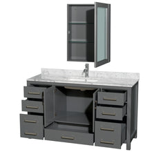 Load image into Gallery viewer, Wyndham Sheffield 60 Inch Single Bathroom Vanity in Dark Gray, White Carrara Marble Countertop, Undermount Square Sink, and Medicine Cabinet- Wyndham