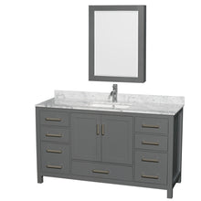 Load image into Gallery viewer, Wyndham Sheffield 60 Inch Single Bathroom Vanity in Dark Gray, White Carrara Marble Countertop, Undermount Square Sink, and Medicine Cabinet- Wyndham