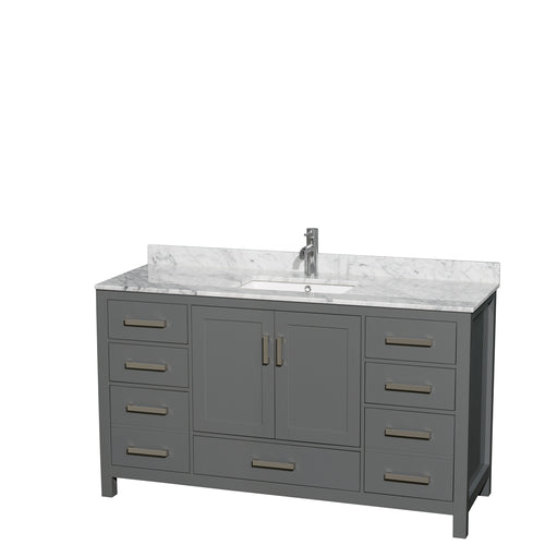 Wyndham Sheffield 60 Inch Single Bathroom Vanity in Dark Gray, White Carrara Marble Countertop, Undermount Square Sink, and No Mirror- Wyndham