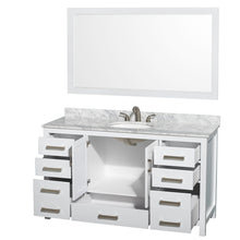 Load image into Gallery viewer, Wyndham Sheffield 60 Inch Single Bathroom Vanity in White, White Carrara Marble Countertop, Undermount Oval Sink, and 58 Inch Mirror- Wyndham