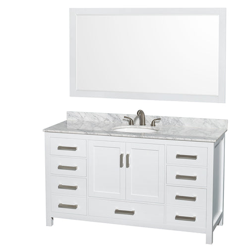 Wyndham Sheffield 60 Inch Single Bathroom Vanity in White, White Carrara Marble Countertop, Undermount Oval Sink, and 58 Inch Mirror- Wyndham