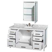 Load image into Gallery viewer, Wyndham Sheffield 60 Inch Single Bathroom Vanity in White, White Carrara Marble Countertop, Undermount Oval Sink, and Medicine Cabinet- Wyndham