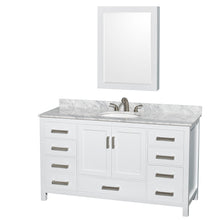 Load image into Gallery viewer, Wyndham Sheffield 60 Inch Single Bathroom Vanity in White, White Carrara Marble Countertop, Undermount Oval Sink, and Medicine Cabinet- Wyndham