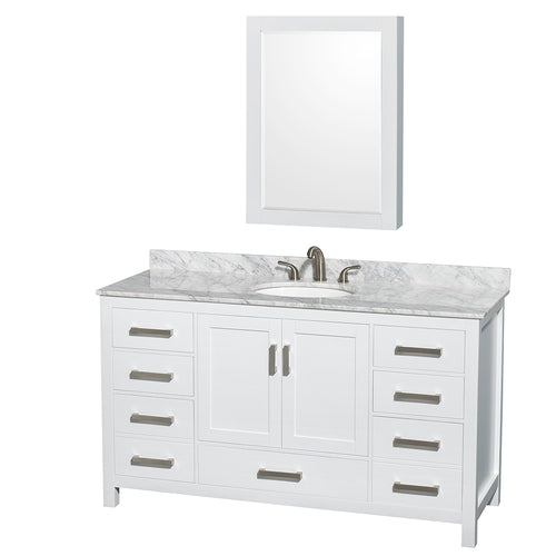 Wyndham Sheffield 60 Inch Single Bathroom Vanity in White, White Carrara Marble Countertop, Undermount Oval Sink, and Medicine Cabinet- Wyndham