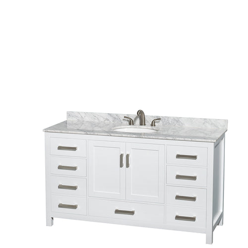 Wyndham Sheffield 60 Inch Single Bathroom Vanity in White, White Carrara Marble Countertop, Undermount Oval Sink, and No Mirror- Wyndham