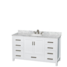 Load image into Gallery viewer, Wyndham Sheffield 60 Inch Single Bathroom Vanity in White, White Carrara Marble Countertop, Undermount Oval Sink, and 58 Inch Mirror- Wyndham