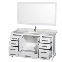 Load image into Gallery viewer, Wyndham Sheffield 60 Inch Single Bathroom Vanity in White, White Carrara Marble Countertop, Undermount Square Sink, and 58 Inch Mirror- Wyndham