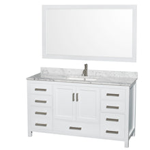 Load image into Gallery viewer, Wyndham Sheffield 60 Inch Single Bathroom Vanity in White, White Carrara Marble Countertop, Undermount Square Sink, and 58 Inch Mirror- Wyndham