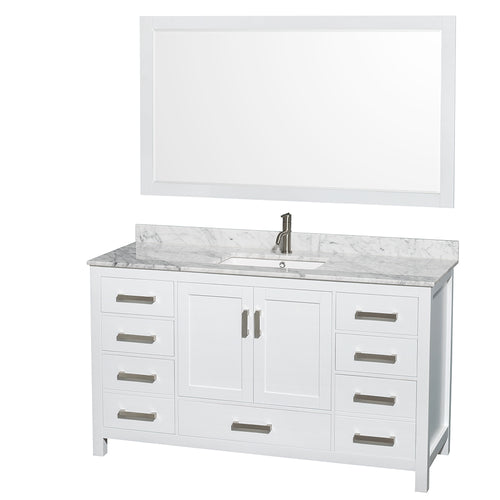 Wyndham Sheffield 60 Inch Single Bathroom Vanity in White, White Carrara Marble Countertop, Undermount Square Sink, and 58 Inch Mirror- Wyndham