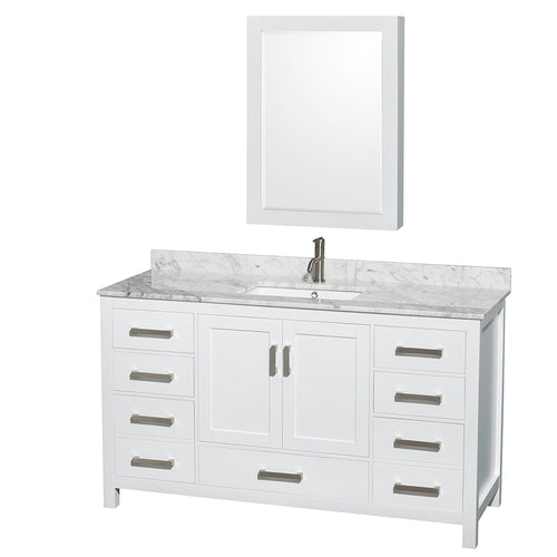 Wyndham Sheffield 60 Inch Single Bathroom Vanity in White, White Carrara Marble Countertop, Undermount Square Sink, and Medicine Cabinet- Wyndham