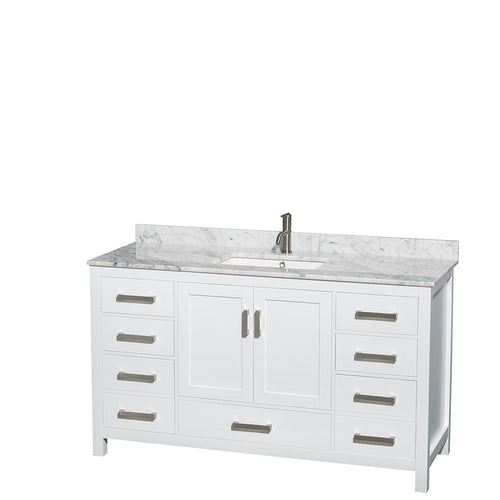 Wyndham Sheffield 60 Inch Single Bathroom Vanity in White, White Carrara Marble Countertop, Undermount Square Sink, and No Mirror- Wyndham