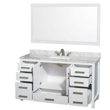 Load image into Gallery viewer, Wyndham Sheffield 60 Inch Single Bathroom Vanity in White, White Carrara Marble Countertop, Undermount 3-Hole Square Sink, 58 Inch Mirror- Wyndham
