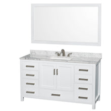 Load image into Gallery viewer, Wyndham Sheffield 60 Inch Single Bathroom Vanity in White, White Carrara Marble Countertop, Undermount 3-Hole Square Sink, 58 Inch Mirror- Wyndham