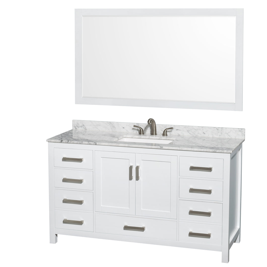 Wyndham Sheffield 60 Inch Single Bathroom Vanity in White, White Carrara Marble Countertop, Undermount 3-Hole Square Sink, 58 Inch Mirror- Wyndham