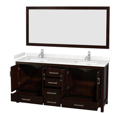 Load image into Gallery viewer, Wyndham Sheffield 72 Inch Double Bathroom Vanity in Espresso, Carrara Cultured Marble Countertop, Undermount Square Sinks, 70 Inch Mirror- Wyndham