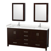 Load image into Gallery viewer, Wyndham Sheffield 72 Inch Double Bathroom Vanity in Espresso, Carrara Cultured Marble Countertop, Undermount Square Sinks, Medicine Cabinets- Wyndham