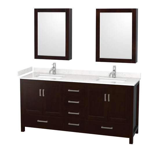Wyndham Sheffield 72 Inch Double Bathroom Vanity in Espresso, Carrara Cultured Marble Countertop, Undermount Square Sinks, Medicine Cabinets- Wyndham