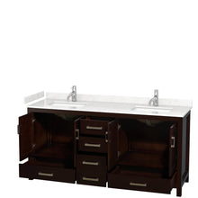 Load image into Gallery viewer, Wyndham Sheffield 72 Inch Double Bathroom Vanity in Espresso, Carrara Cultured Marble Countertop, Undermount Square Sinks, No Mirror- Wyndham