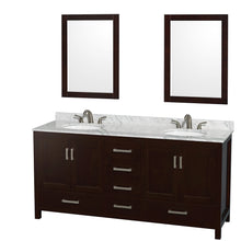 Load image into Gallery viewer, Wyndham Sheffield 72 Inch Double Bathroom Vanity in Espresso, White Carrara Marble Countertop, Undermount Oval Sinks, and 24 Inch Mirrors- Wyndham