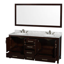 Load image into Gallery viewer, Wyndham Sheffield 72 Inch Double Bathroom Vanity in Espresso, White Carrara Marble Countertop, Undermount Oval Sinks, and 70 Inch Mirror- Wyndham