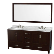 Load image into Gallery viewer, Wyndham Sheffield 72 Inch Double Bathroom Vanity in Espresso, White Carrara Marble Countertop, Undermount Oval Sinks, and 70 Inch Mirror- Wyndham